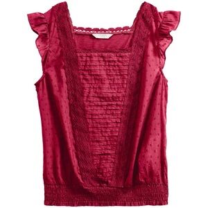 Lucky Brand Square Neck Mixed Media Ruffle Smocked Embroidered Blouse Top Red